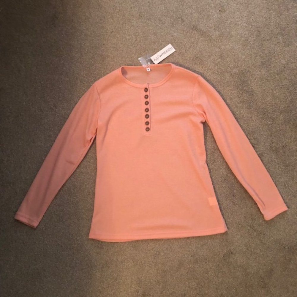 Women's Waffle Knit Top Casual Long Sleeve Blouse Slim Fit Button Down Size M